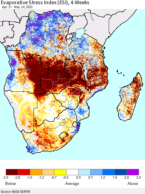 Southern Africa Evaporative Stress Index (ESI), 4-Weeks Thematic Map For 5/8/2023 - 5/14/2023