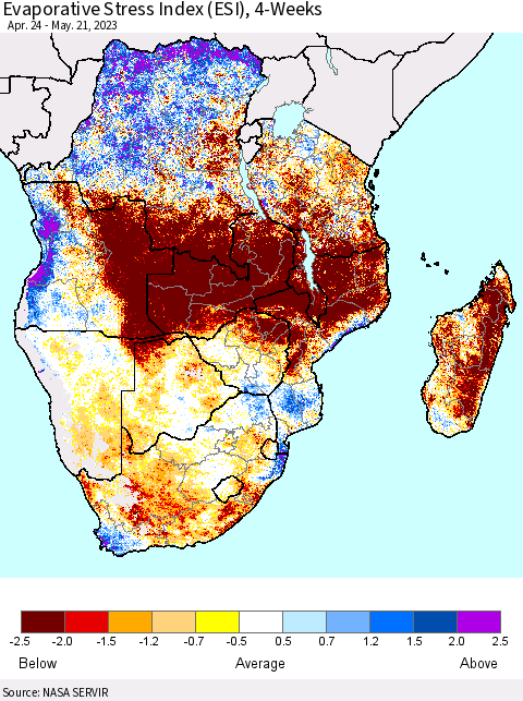 Southern Africa Evaporative Stress Index (ESI), 4-Weeks Thematic Map For 5/15/2023 - 5/21/2023