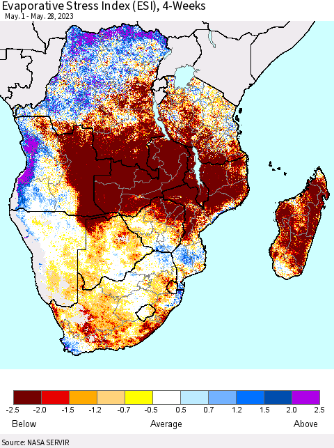 Southern Africa Evaporative Stress Index (ESI), 4-Weeks Thematic Map For 5/22/2023 - 5/28/2023