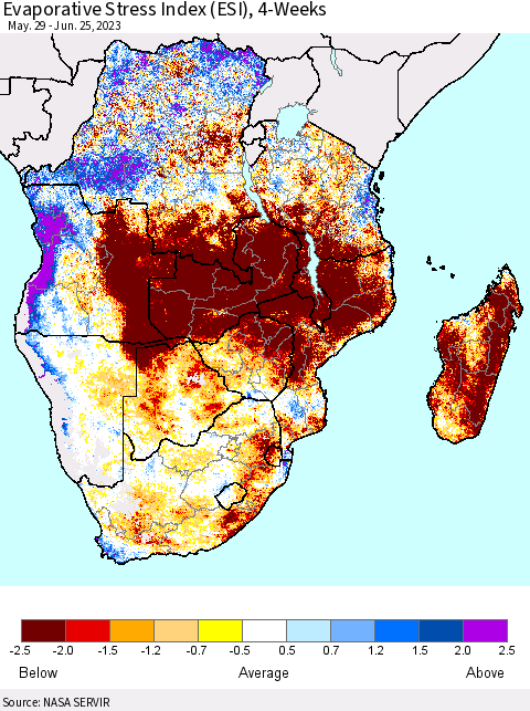 Southern Africa Evaporative Stress Index (ESI), 4-Weeks Thematic Map For 6/19/2023 - 6/25/2023