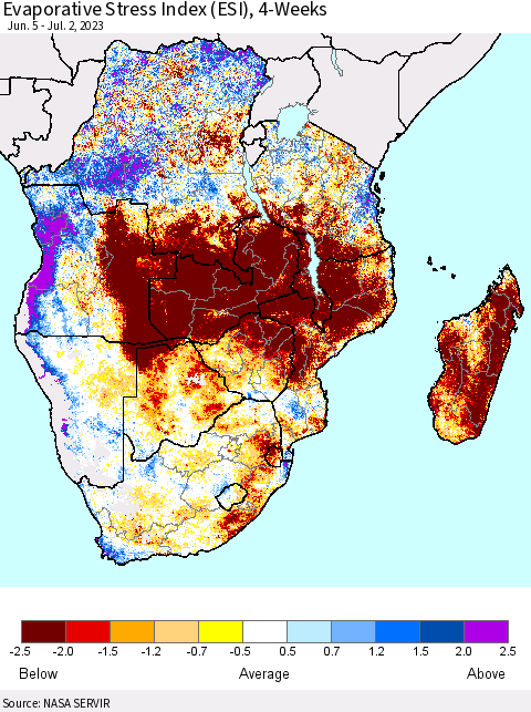 Southern Africa Evaporative Stress Index (ESI), 4-Weeks Thematic Map For 6/26/2023 - 7/2/2023