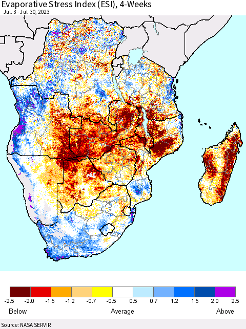 Southern Africa Evaporative Stress Index (ESI), 4-Weeks Thematic Map For 7/24/2023 - 7/30/2023
