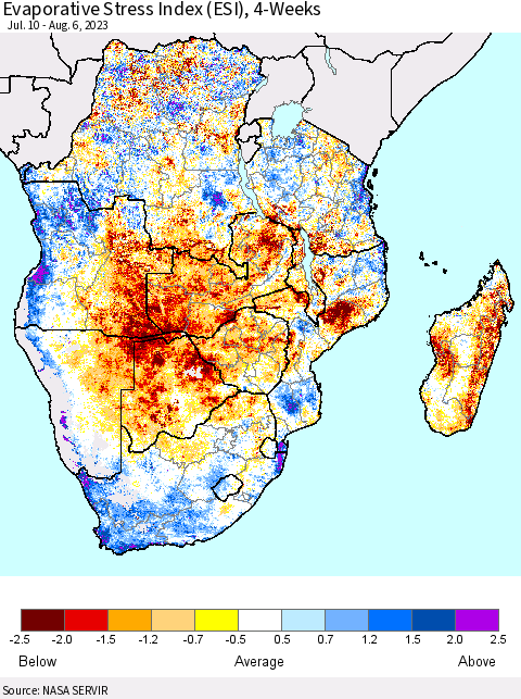 Southern Africa Evaporative Stress Index (ESI), 4-Weeks Thematic Map For 7/31/2023 - 8/6/2023