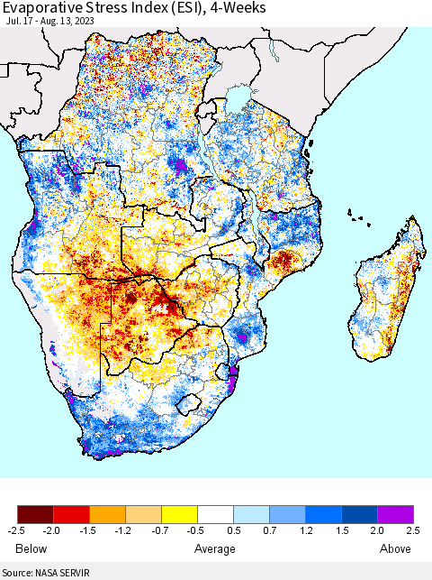 Southern Africa Evaporative Stress Index (ESI), 4-Weeks Thematic Map For 8/7/2023 - 8/13/2023