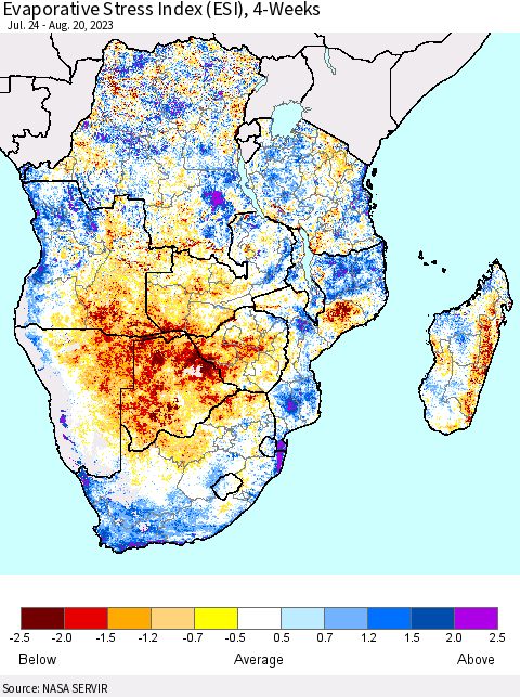 Southern Africa Evaporative Stress Index (ESI), 4-Weeks Thematic Map For 8/14/2023 - 8/20/2023