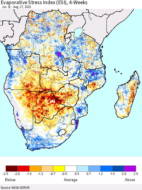 Southern Africa Evaporative Stress Index (ESI), 4-Weeks Thematic Map For 8/21/2023 - 8/27/2023