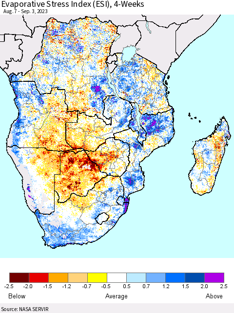 Southern Africa Evaporative Stress Index (ESI), 4-Weeks Thematic Map For 8/28/2023 - 9/3/2023