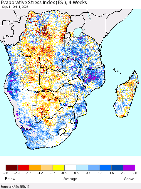Southern Africa Evaporative Stress Index (ESI), 4-Weeks Thematic Map For 9/25/2023 - 10/1/2023