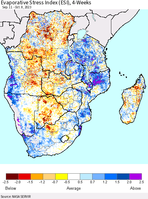 Southern Africa Evaporative Stress Index (ESI), 4-Weeks Thematic Map For 10/2/2023 - 10/8/2023