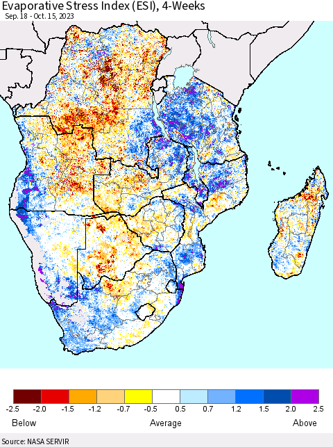 Southern Africa Evaporative Stress Index (ESI), 4-Weeks Thematic Map For 10/9/2023 - 10/15/2023