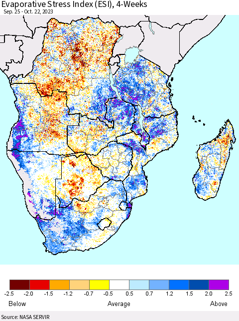 Southern Africa Evaporative Stress Index (ESI), 4-Weeks Thematic Map For 10/16/2023 - 10/22/2023