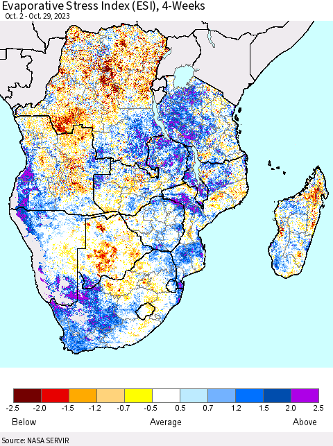 Southern Africa Evaporative Stress Index (ESI), 4-Weeks Thematic Map For 10/23/2023 - 10/29/2023