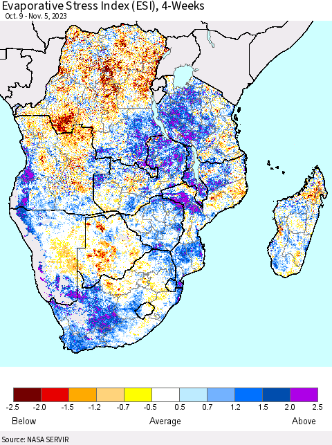 Southern Africa Evaporative Stress Index (ESI), 4-Weeks Thematic Map For 10/30/2023 - 11/5/2023