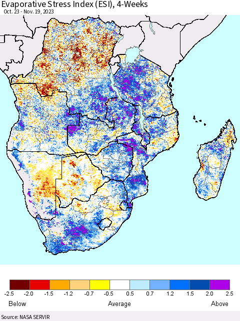 Southern Africa Evaporative Stress Index (ESI), 4-Weeks Thematic Map For 11/13/2023 - 11/19/2023