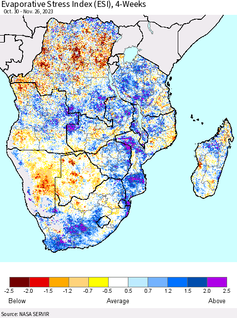 Southern Africa Evaporative Stress Index (ESI), 4-Weeks Thematic Map For 11/20/2023 - 11/26/2023