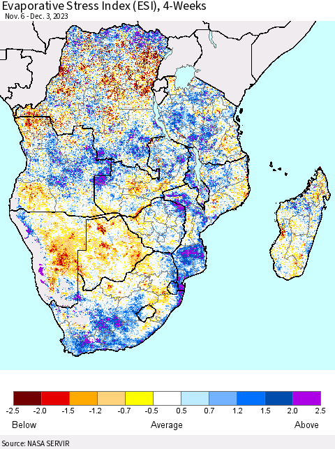 Southern Africa Evaporative Stress Index (ESI), 4-Weeks Thematic Map For 11/27/2023 - 12/3/2023