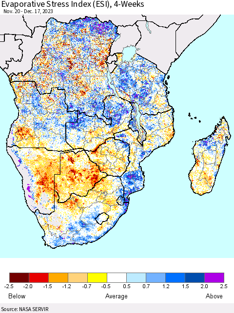 Southern Africa Evaporative Stress Index (ESI), 4-Weeks Thematic Map For 12/11/2023 - 12/17/2023