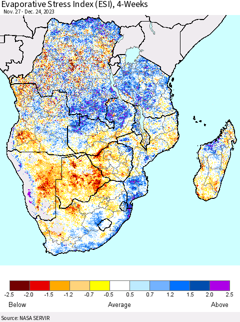 Southern Africa Evaporative Stress Index (ESI), 4-Weeks Thematic Map For 12/18/2023 - 12/24/2023