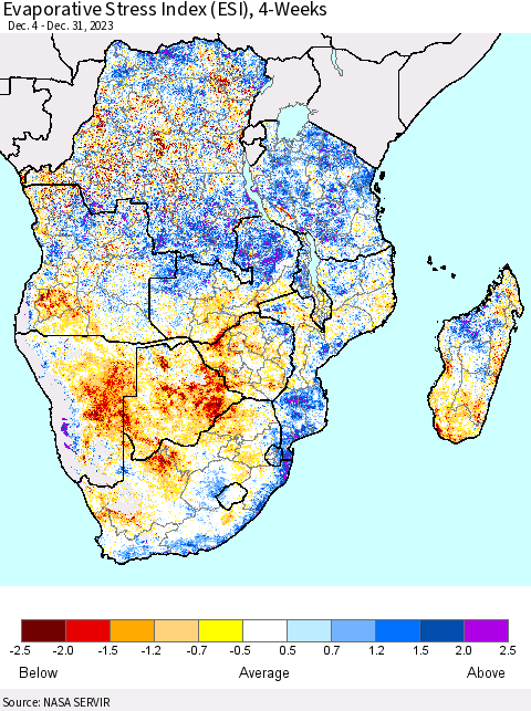 Southern Africa Evaporative Stress Index (ESI), 4-Weeks Thematic Map For 12/25/2023 - 12/31/2023