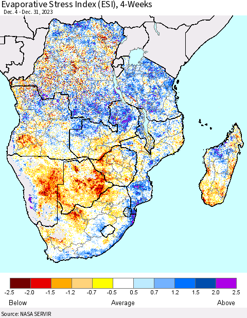 Southern Africa Evaporative Stress Index (ESI), 4-Weeks Thematic Map For 1/1/2024 - 1/7/2024