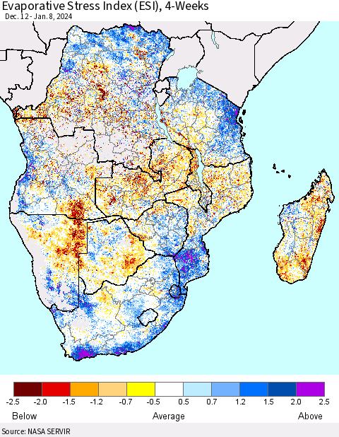Southern Africa Evaporative Stress Index (ESI), 4-Weeks Thematic Map For 1/8/2024 - 1/14/2024