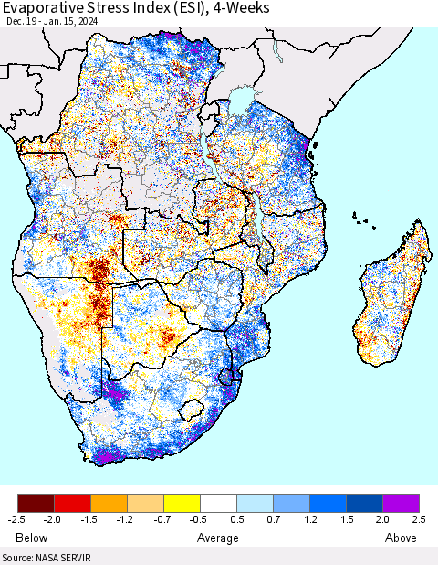 Southern Africa Evaporative Stress Index (ESI), 4-Weeks Thematic Map For 1/15/2024 - 1/21/2024