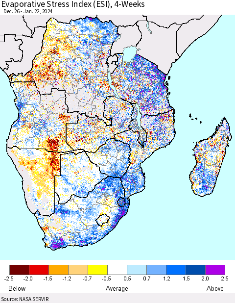 Southern Africa Evaporative Stress Index (ESI), 4-Weeks Thematic Map For 1/22/2024 - 1/28/2024