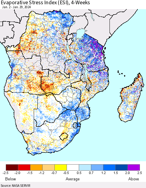 Southern Africa Evaporative Stress Index (ESI), 4-Weeks Thematic Map For 1/29/2024 - 2/4/2024