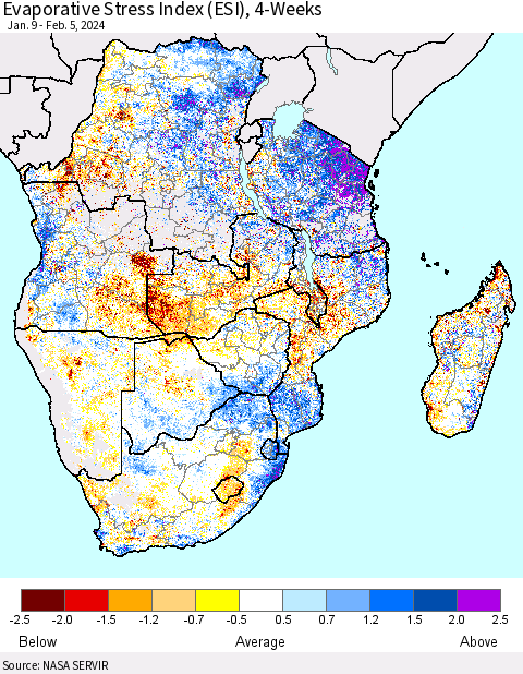 Southern Africa Evaporative Stress Index (ESI), 4-Weeks Thematic Map For 2/5/2024 - 2/11/2024