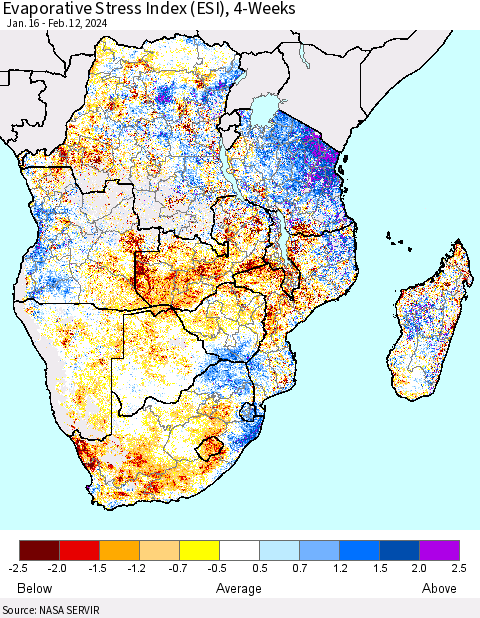 Southern Africa Evaporative Stress Index (ESI), 4-Weeks Thematic Map For 2/12/2024 - 2/18/2024