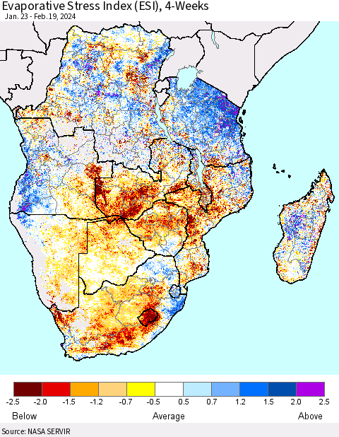 Southern Africa Evaporative Stress Index (ESI), 4-Weeks Thematic Map For 2/19/2024 - 2/25/2024