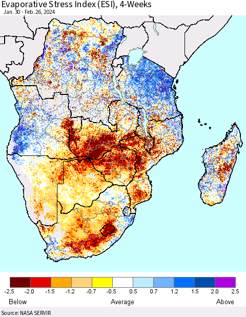 Southern Africa Evaporative Stress Index (ESI), 4-Weeks Thematic Map For 2/26/2024 - 3/3/2024