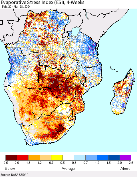 Southern Africa Evaporative Stress Index (ESI), 4-Weeks Thematic Map For 3/18/2024 - 3/24/2024