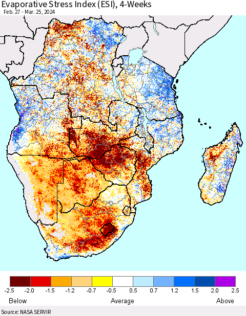 Southern Africa Evaporative Stress Index (ESI), 4-Weeks Thematic Map For 3/25/2024 - 3/31/2024