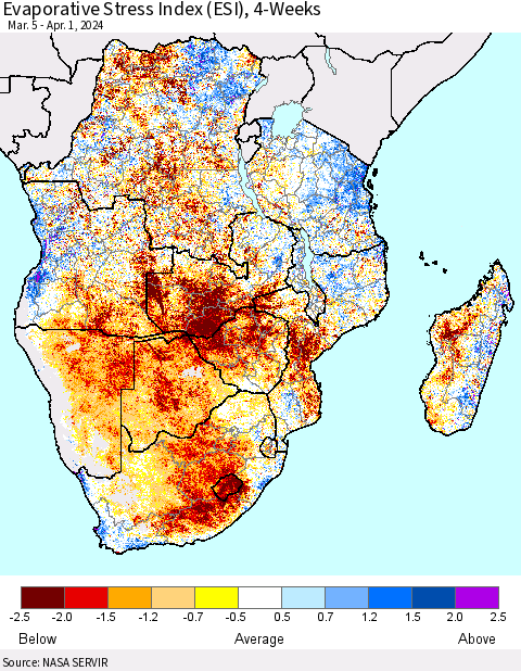 Southern Africa Evaporative Stress Index (ESI), 4-Weeks Thematic Map For 4/1/2024 - 4/7/2024