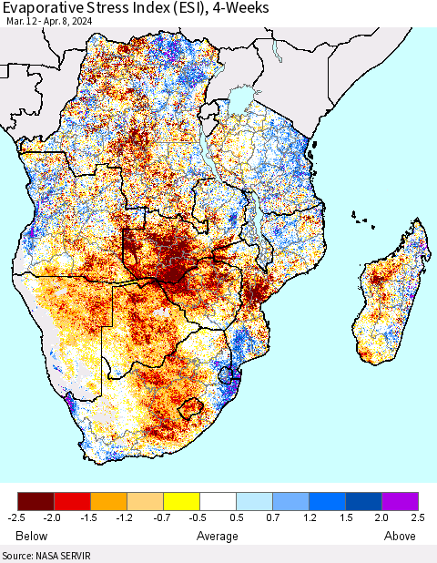 Southern Africa Evaporative Stress Index (ESI), 4-Weeks Thematic Map For 4/8/2024 - 4/14/2024