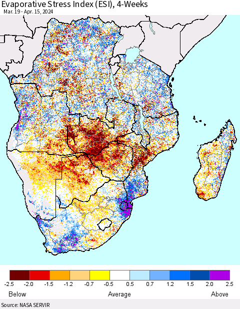 Southern Africa Evaporative Stress Index (ESI), 4-Weeks Thematic Map For 4/15/2024 - 4/21/2024