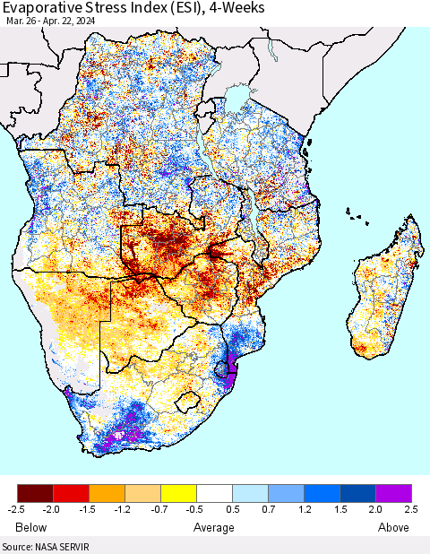 Southern Africa Evaporative Stress Index (ESI), 4-Weeks Thematic Map For 4/22/2024 - 4/28/2024
