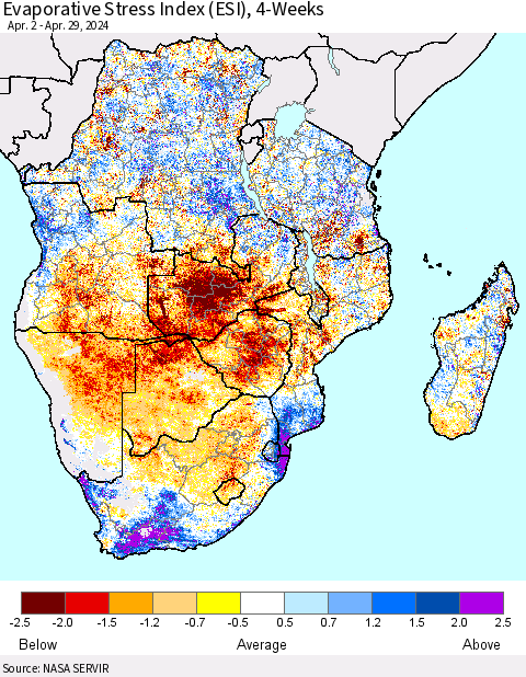 Southern Africa Evaporative Stress Index (ESI), 4-Weeks Thematic Map For 4/29/2024 - 5/5/2024
