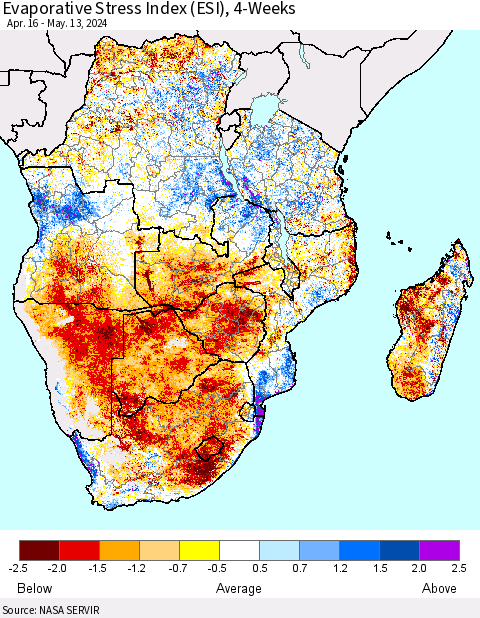 Southern Africa Evaporative Stress Index (ESI), 4-Weeks Thematic Map For 5/13/2024 - 5/19/2024