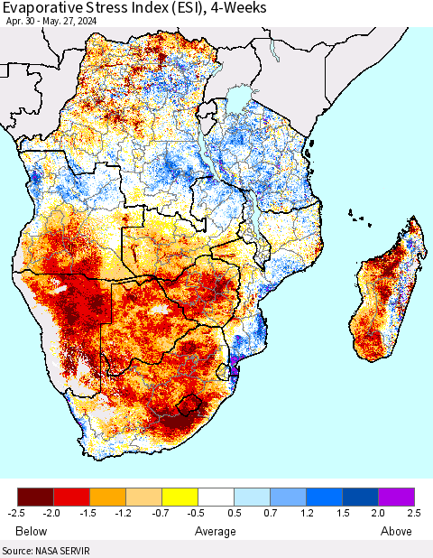 Southern Africa Evaporative Stress Index (ESI), 4-Weeks Thematic Map For 5/27/2024 - 6/2/2024