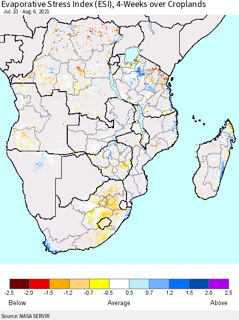 Southern Africa Evaporative Stress Index (ESI), 4-Weeks over Croplands Thematic Map For 8/2/2021 - 8/8/2021