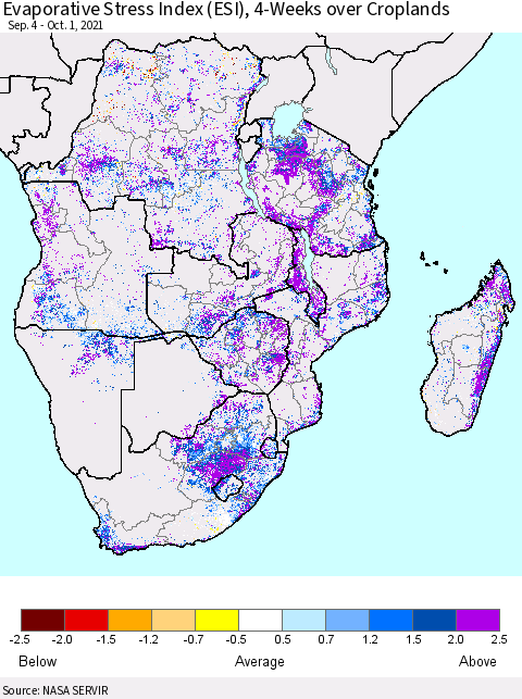 Southern Africa Evaporative Stress Index (ESI), 4-Weeks over Croplands Thematic Map For 9/27/2021 - 10/3/2021
