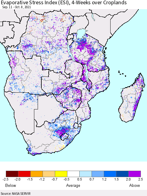 Southern Africa Evaporative Stress Index (ESI), 4-Weeks over Croplands Thematic Map For 10/4/2021 - 10/10/2021