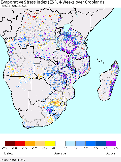 Southern Africa Evaporative Stress Index (ESI), 4-Weeks over Croplands Thematic Map For 10/11/2021 - 10/17/2021