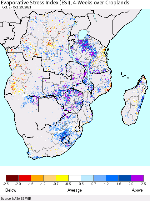 Southern Africa Evaporative Stress Index (ESI), 4-Weeks over Croplands Thematic Map For 10/25/2021 - 10/31/2021