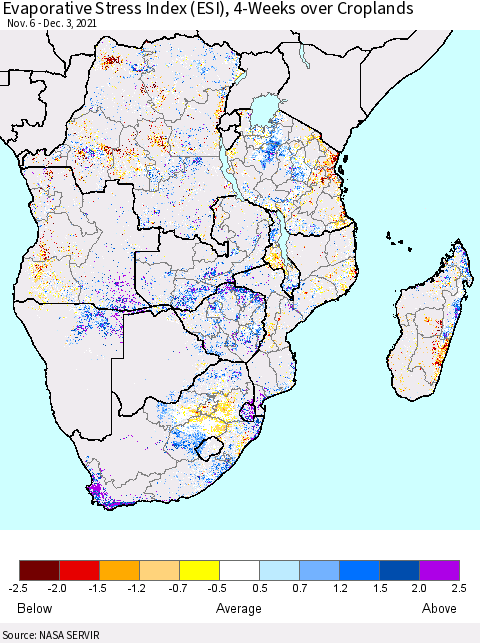 Southern Africa Evaporative Stress Index (ESI), 4-Weeks over Croplands Thematic Map For 11/29/2021 - 12/5/2021