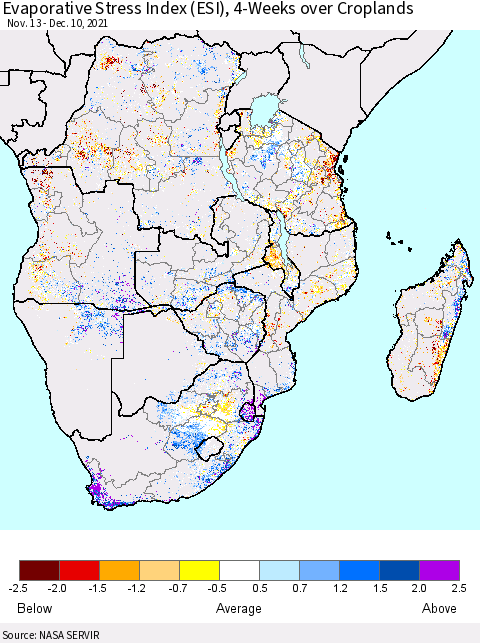 Southern Africa Evaporative Stress Index (ESI), 4-Weeks over Croplands Thematic Map For 12/6/2021 - 12/12/2021