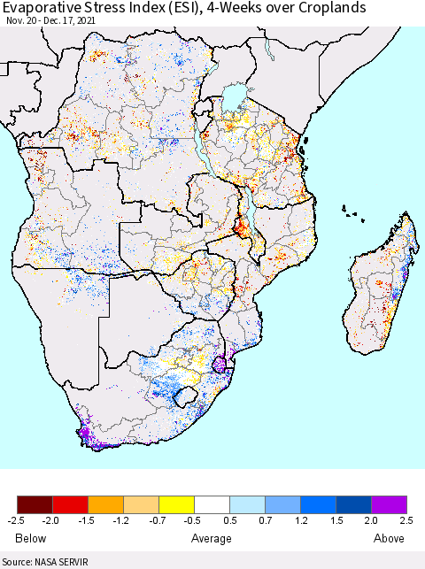 Southern Africa Evaporative Stress Index (ESI), 4-Weeks over Croplands Thematic Map For 12/13/2021 - 12/19/2021