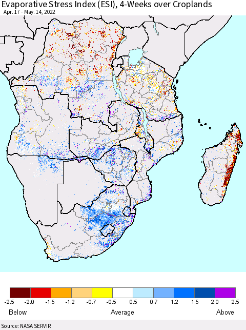 Southern Africa Evaporative Stress Index (ESI), 4-Weeks over Croplands Thematic Map For 5/9/2022 - 5/15/2022